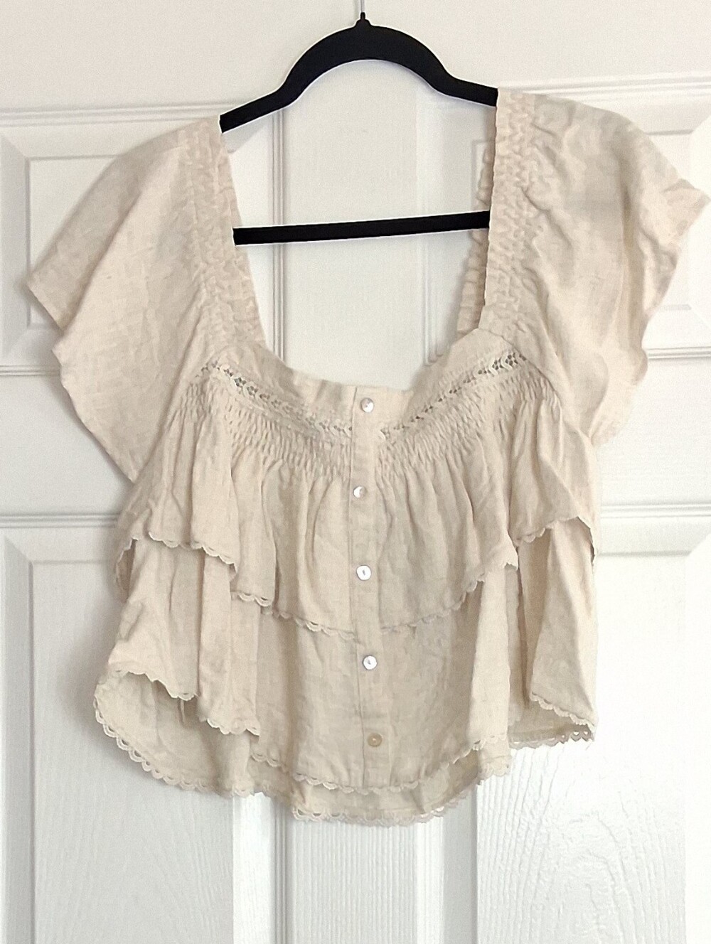 Allie Rose Beige Cotton Linen Tiered Ruffle Boho Cottagecore Peasant Blouse